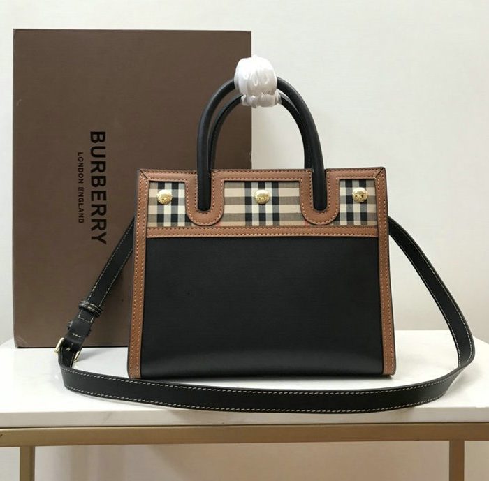Burberry Calfskin Vintage Check Two-Handle Title smooth black leather body