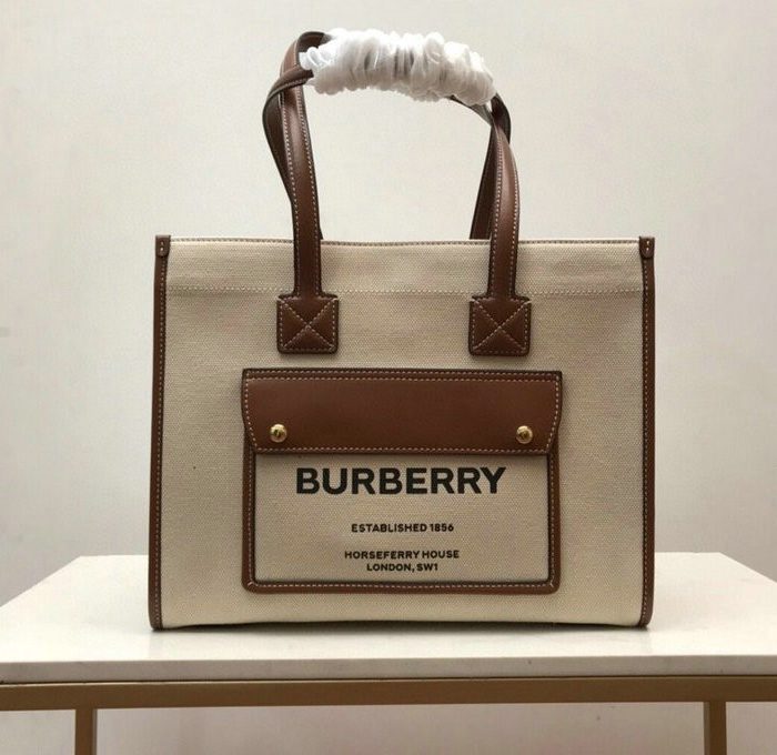 Burberry White-Brown Canvas+Leather Medium Freya Tote Bag