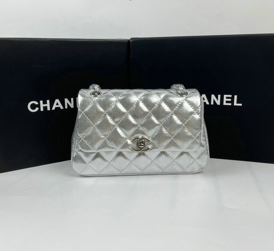 CHANEL Lambskin First Flap Silver Quilted Leather Bag