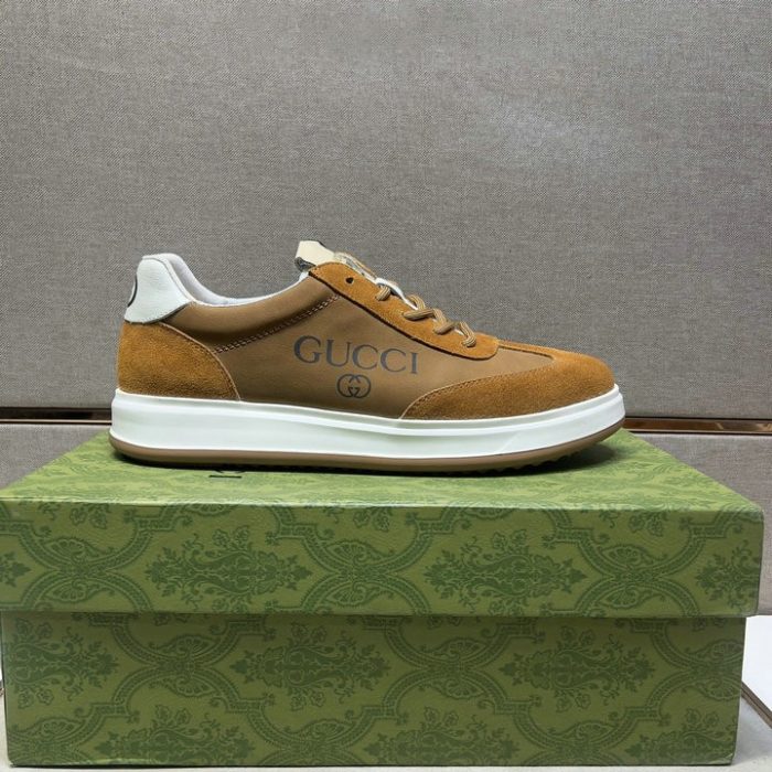 Gucci Suede Low-Top Sneakers with Embossed Logo – Brown