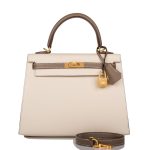 Hermes Kelly 25cm Bi-Color Craie and Etoupe Epsom Sellier  Brushed Gold Hardware