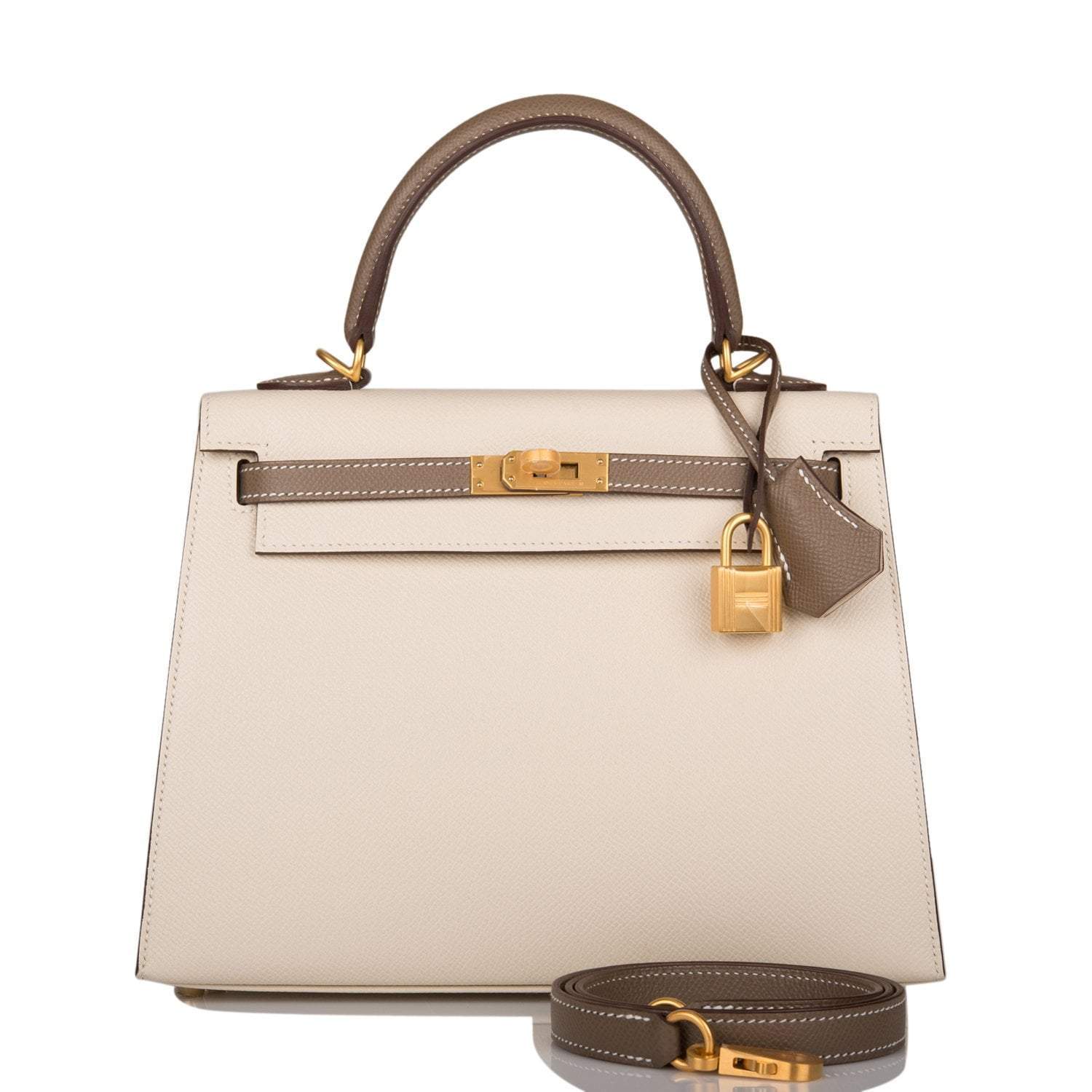 H-K-061621-1-1.jpg Hermes Kelly 25cm Bi-Color Craie and Etoupe Epsom Sellier Brushed Gold Hardware - Image 1