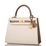 Hermes Kelly 25cm Bi-Color Craie and Etoupe Epsom Sellier  Brushed Gold Hardware - Image 5